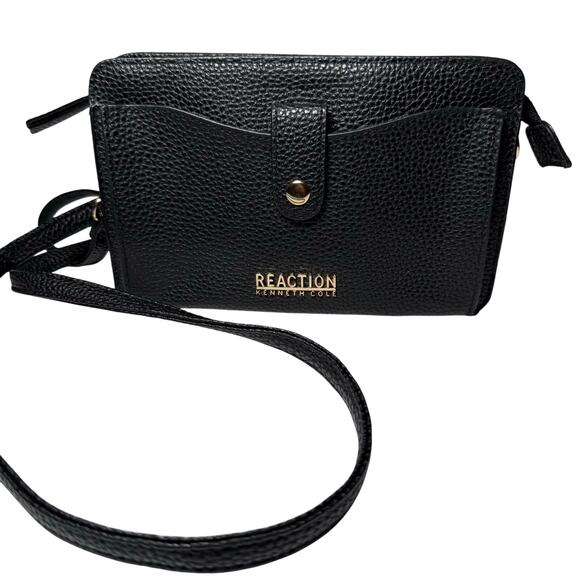 Kenneth Cole Reaction Black Pebbled Faux Leather Crossbody Bag Wristlet Wallet - Picture 1 of 11